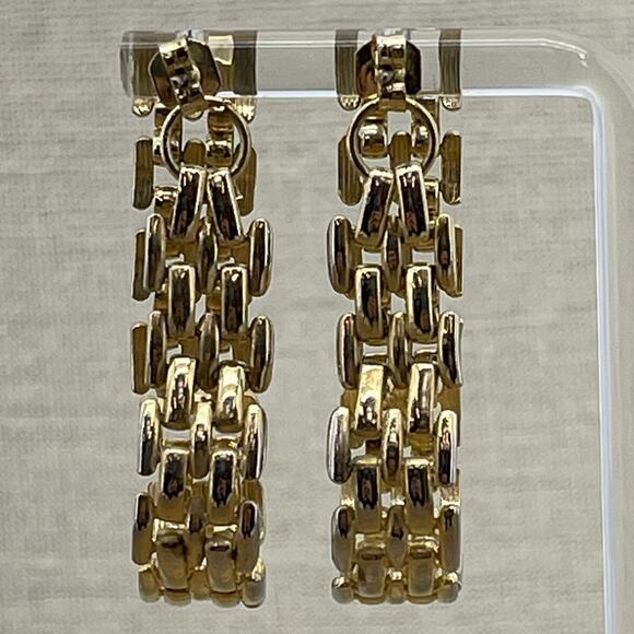 Shiny Gold Tone Chunky Link Long Dangle Loop Pierced On Earrings 1.5" - Picture 2 of 5